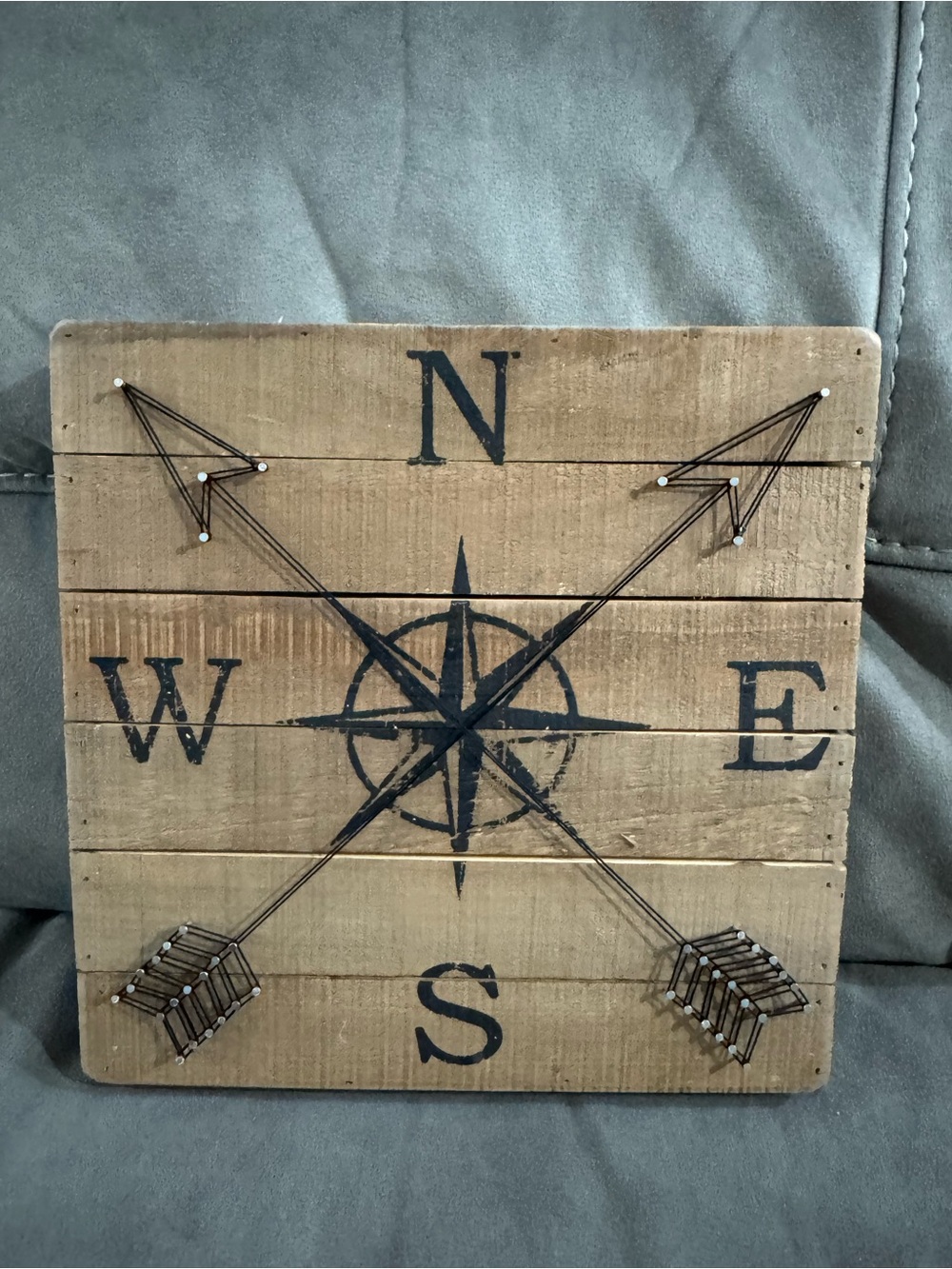 Wooden Compass Wall Plaque with Arrow String Art - Brown